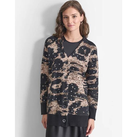 DKNY WOMENS MEDIUM PRINTED BUTTON-FRONT CHENILLE CARDIGAN SWEATER BROWN NEW - Picture 1 of 14
